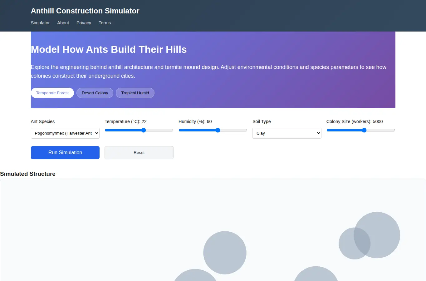 Screenshot of Anthill Construction Simulator interface showing the project page in use